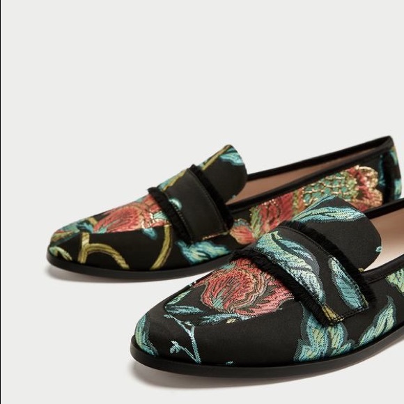 Zara Shoes - Zara Embroidered Frayed Jacquard Loafers Flats